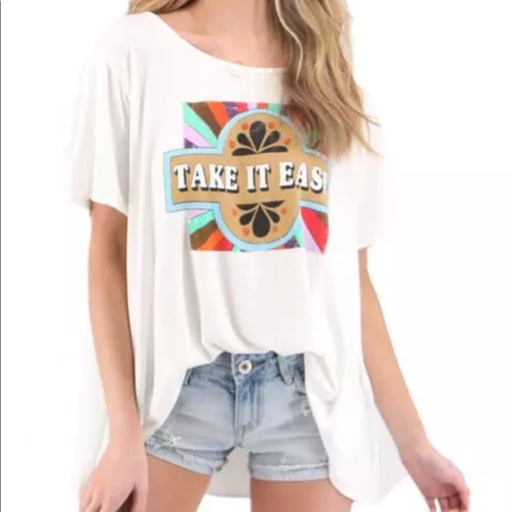 Judith March TAKE IT EASY WHITE FLOWY TEE T SHIRT